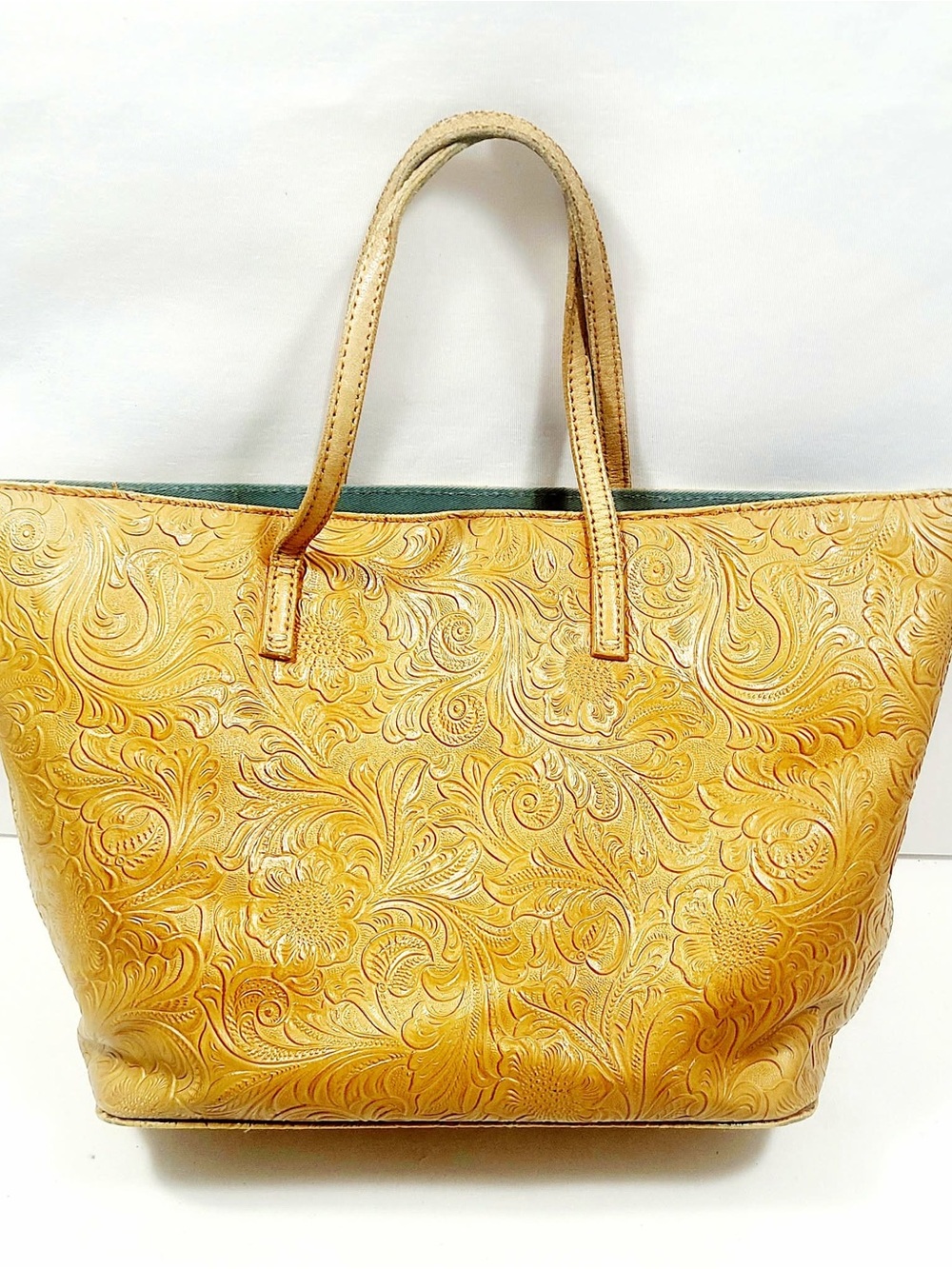 Michelle Klein Paris Embossed Floral Tote Bag in Tan Leather